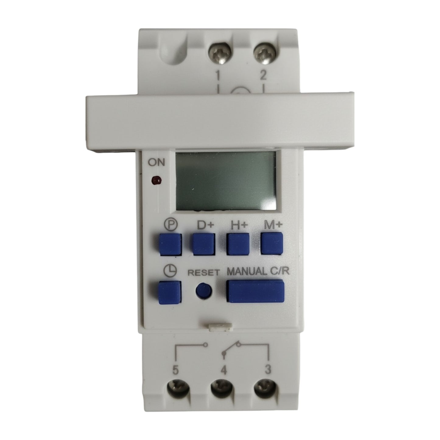 Digital timer switch with blue buttons on a white background