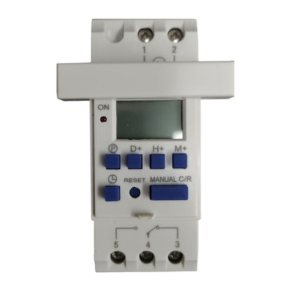 Digital timer switch with blue buttons on a white background