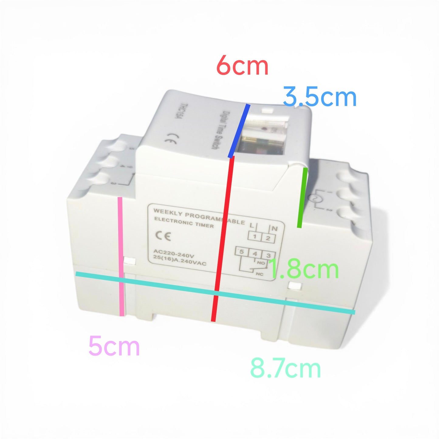 White electronic timer with dimensions labeled on a white background