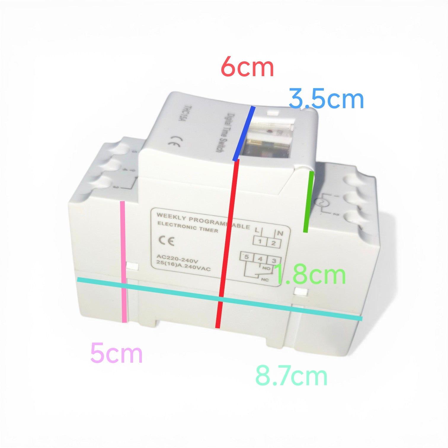 White electronic timer with dimensions labeled on a white background