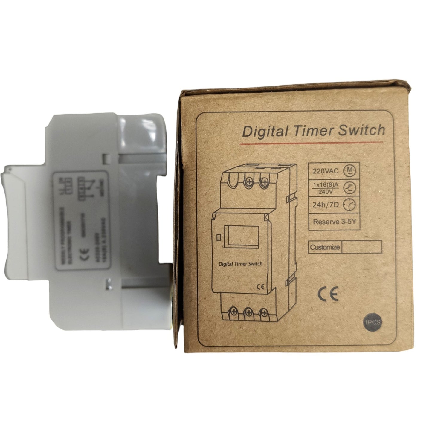 Digital timer switch with its packaging on a white background
