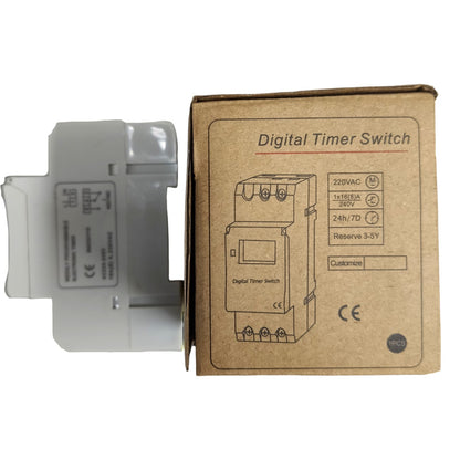 Digital timer switch with its packaging on a white background