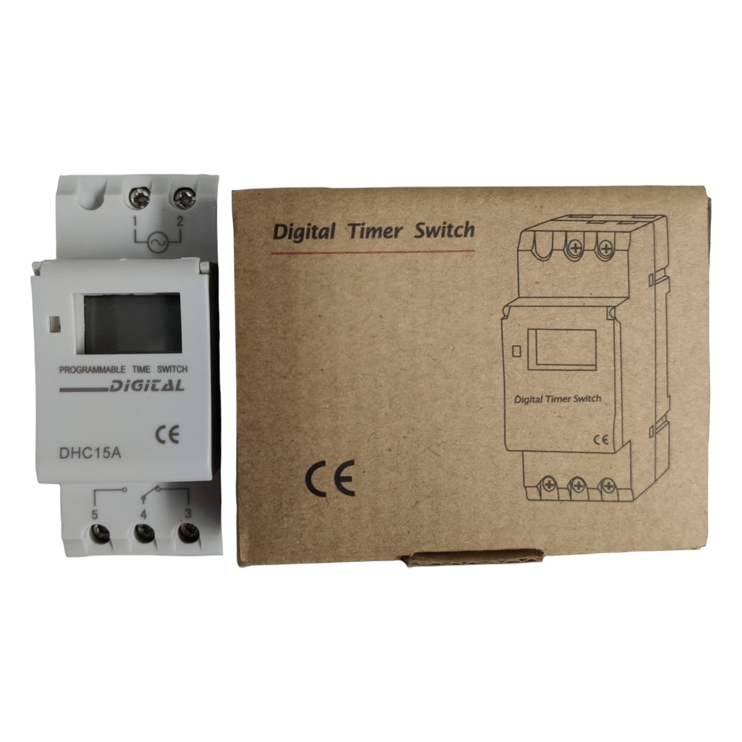 Digital timer switch with packaging on a white background