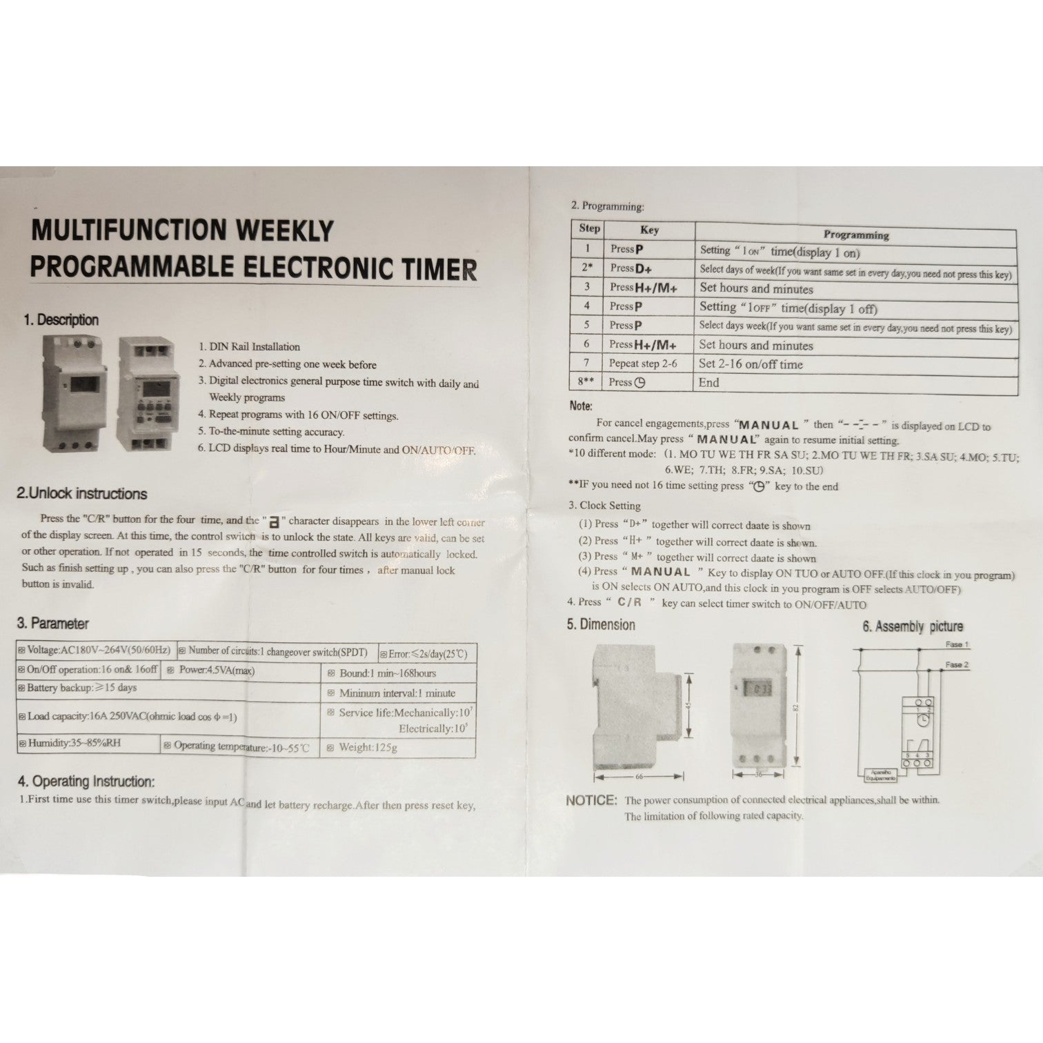 Multifunction weekly programmable electronic timer with instructions on a white background