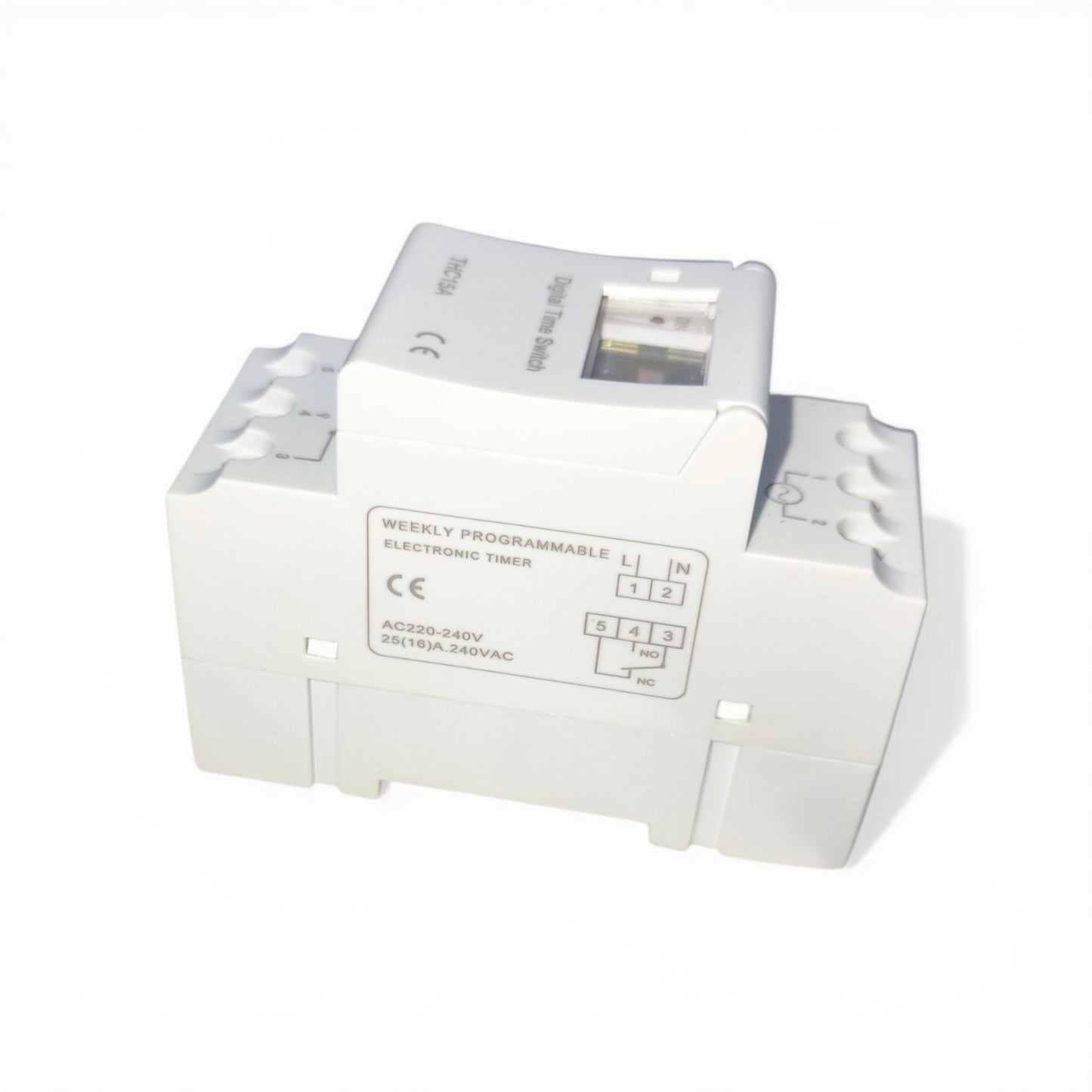 White electronic timer on a white background