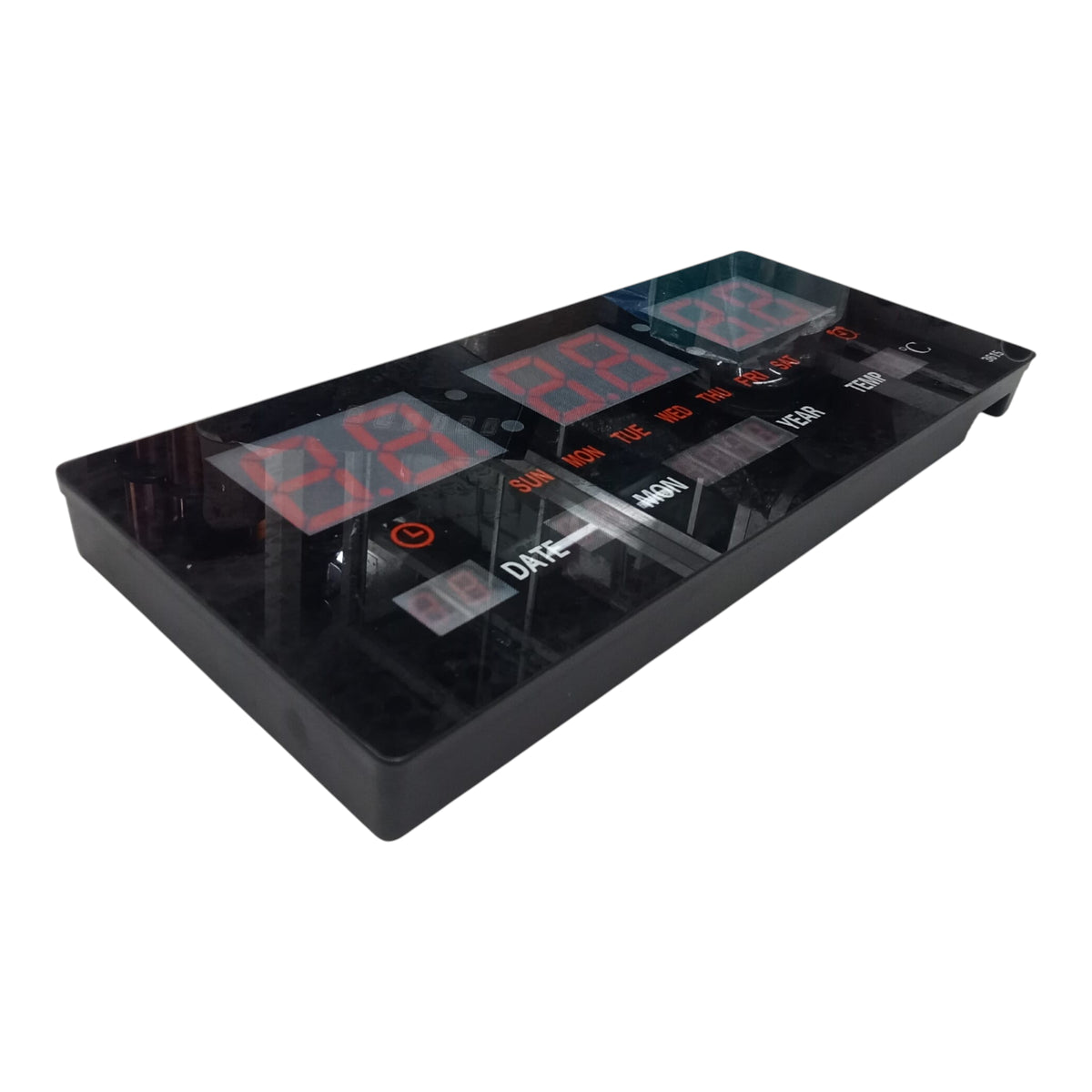 Digital wall clock 220V with large red display showing time, date, and temperature in a sleek black design