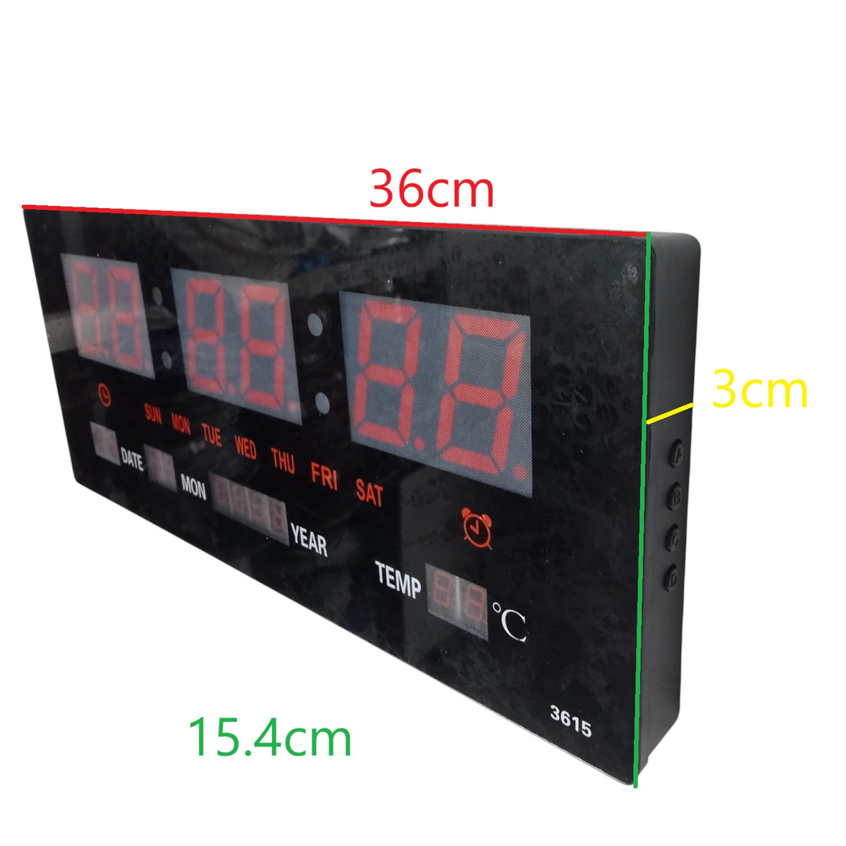 Digital wall clock 220V with large display showing date, time, and temperature in Celsius
