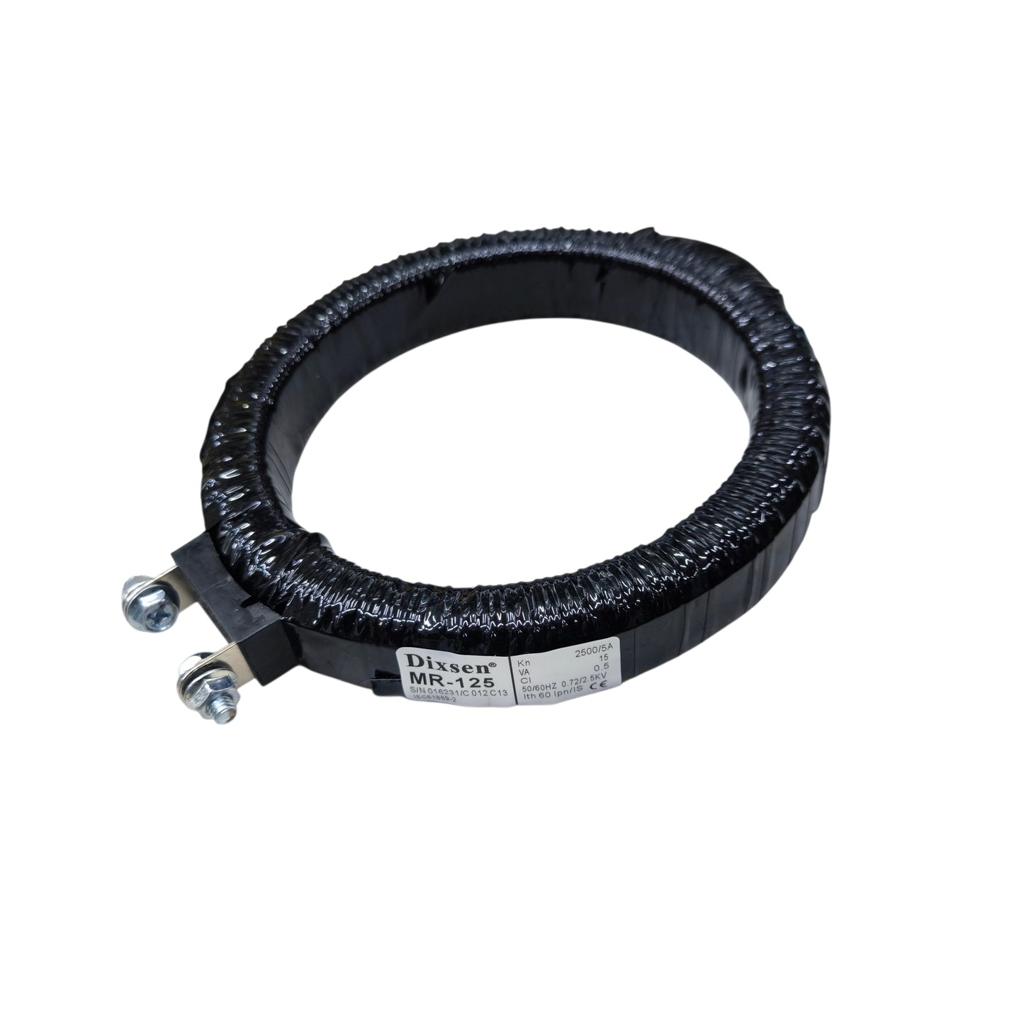 Black metal hose clamp on a white background Dixsen Current Transformer MR-125 2500:5A Donut Type Electx Electrical Supply