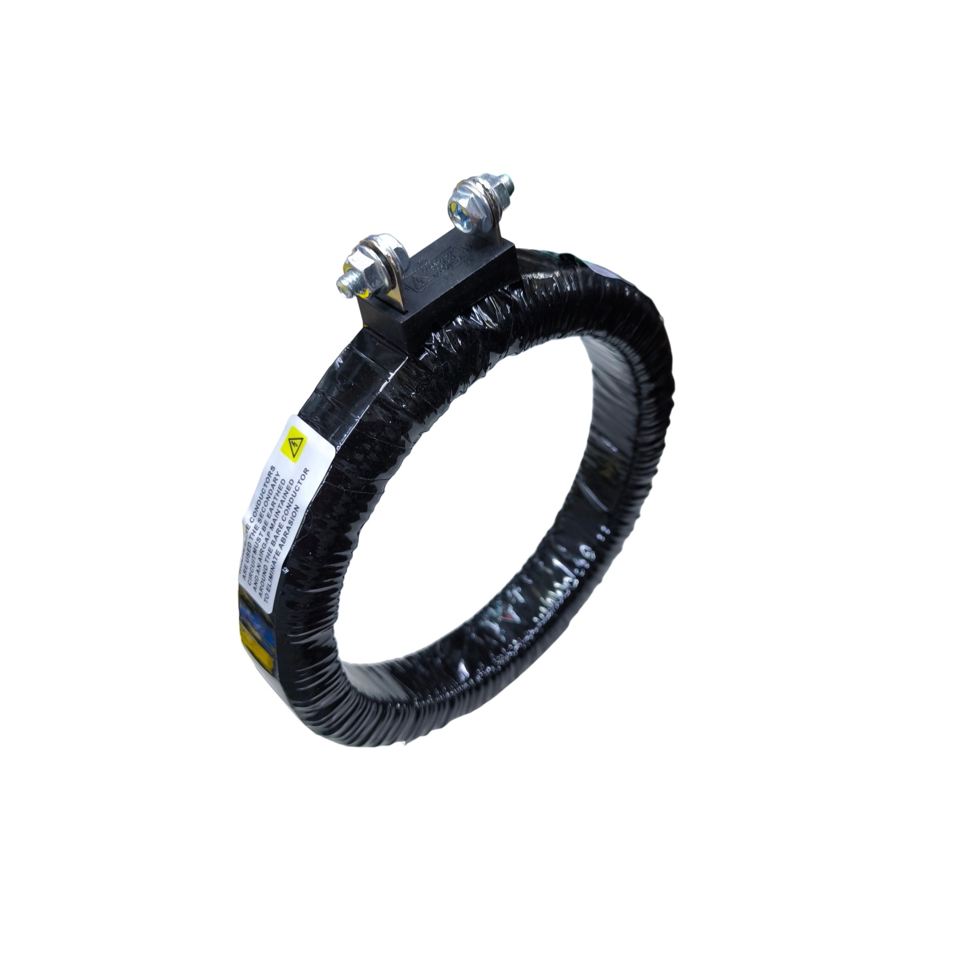 Black metal ring with bolts on a white background Dixsen Current Transformer MR-125 2500:5A Donut Type Electx Electrical Supply
