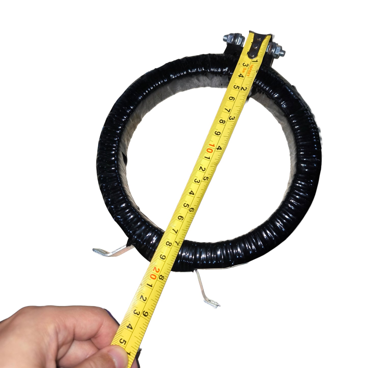 Black cable with a yellow measuring tape around it, held by a hand on a white background