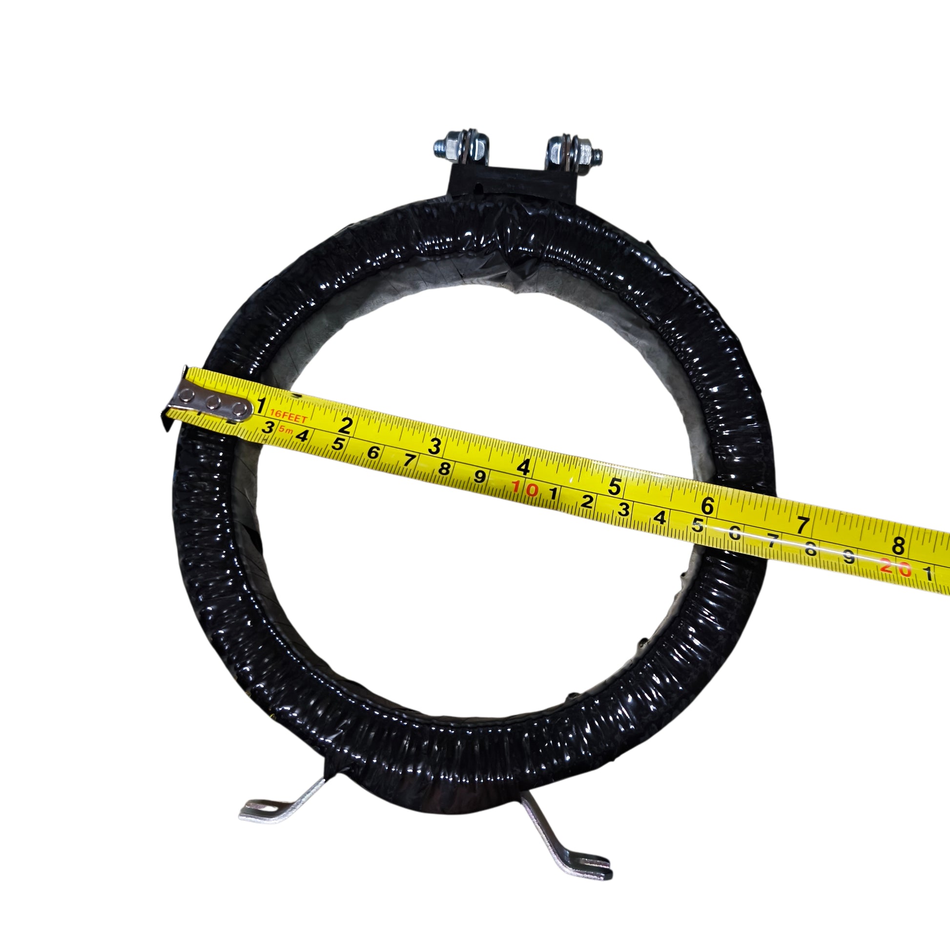 Black metal ring with a yellow measuring tape indicating its size on a white background Dixsen Current Transformer MR-125 2500:5A Donut Type Electx Electrical Supply