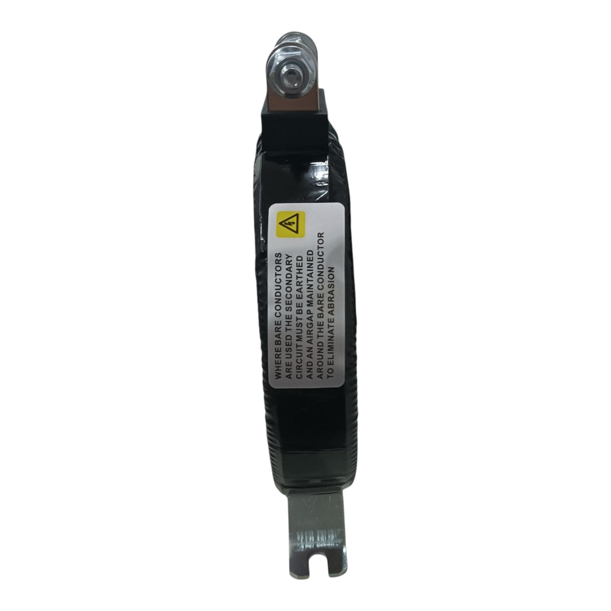 A black electrical busbar connector with metal terminals on both ends and a white warning label in the center, isolated on a white background.
