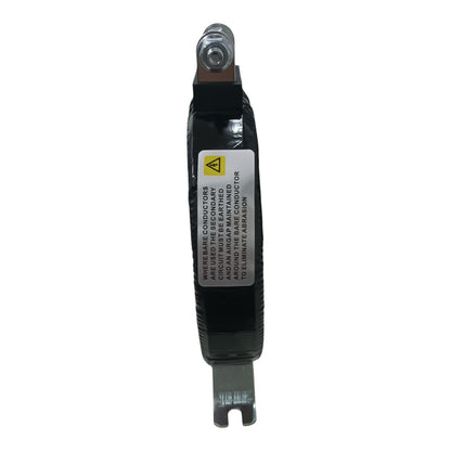 A black electrical busbar connector with metal terminals on both ends and a white warning label in the center, isolated on a white background.