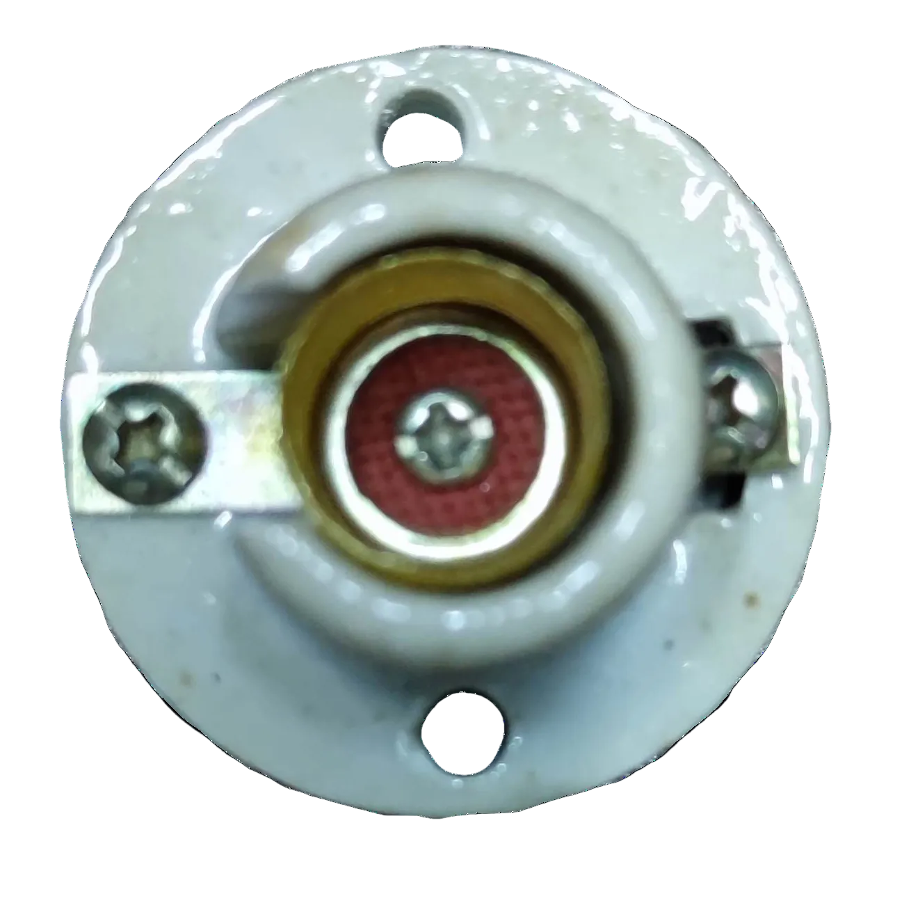 Round metal connector with screws on a white background