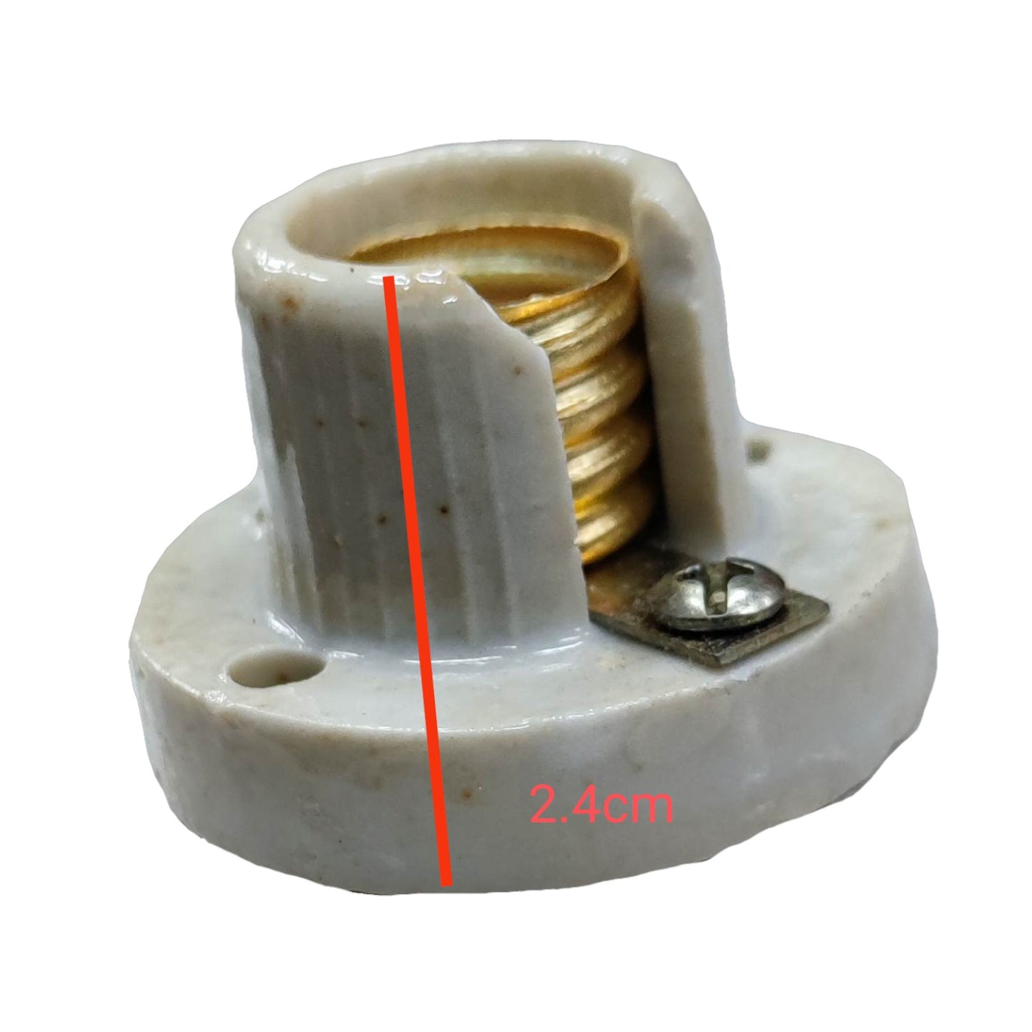 Light bulb socket with visible wiring and measurement marker on a white background E14  Porcelain Socket Receptacle 2A 250V Electx Electrical SUpply