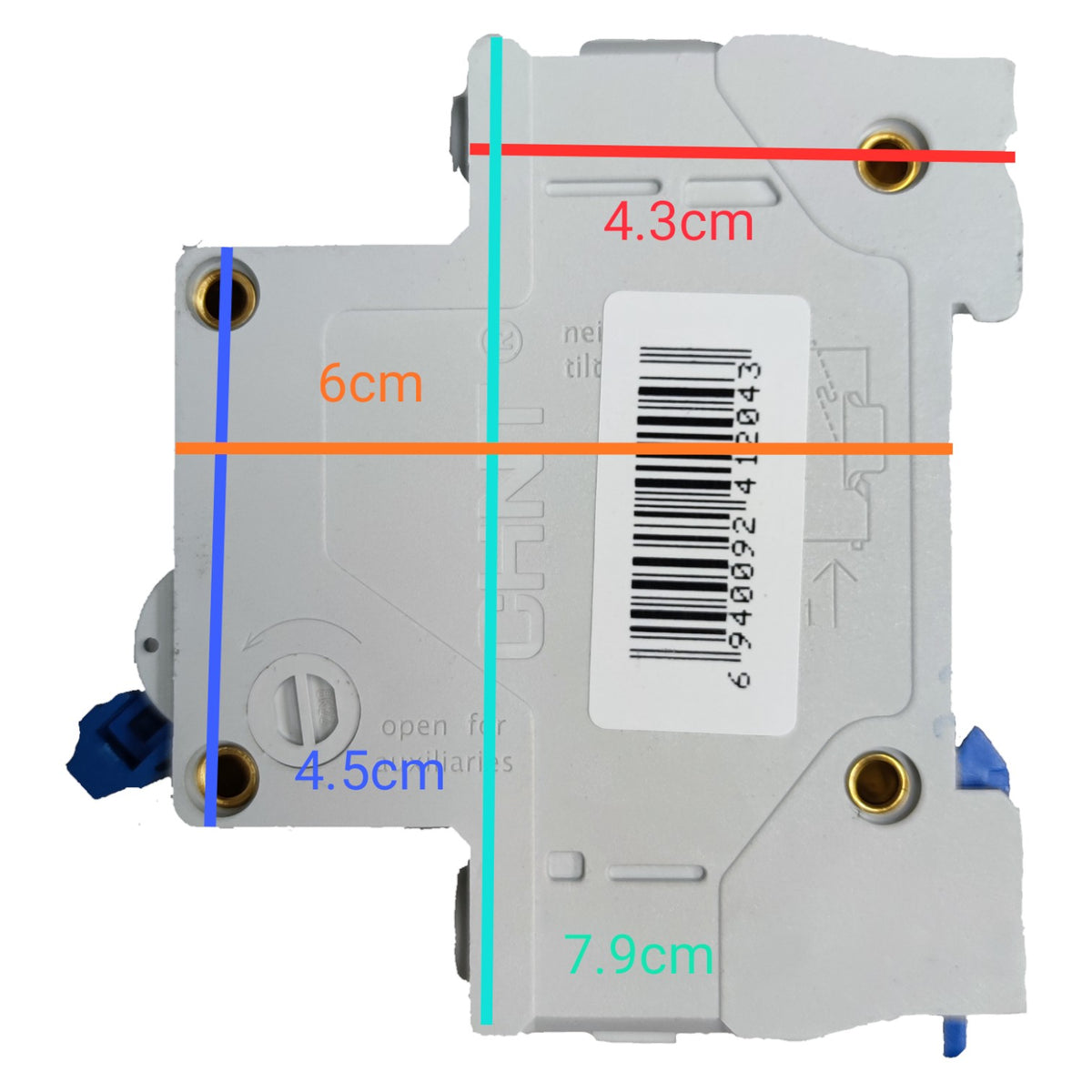 Electrical switch with measurements marked on a white background
