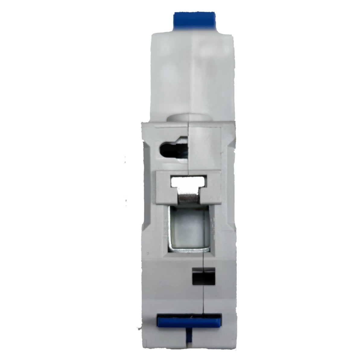 Clear plastic container with blue cap on a white background