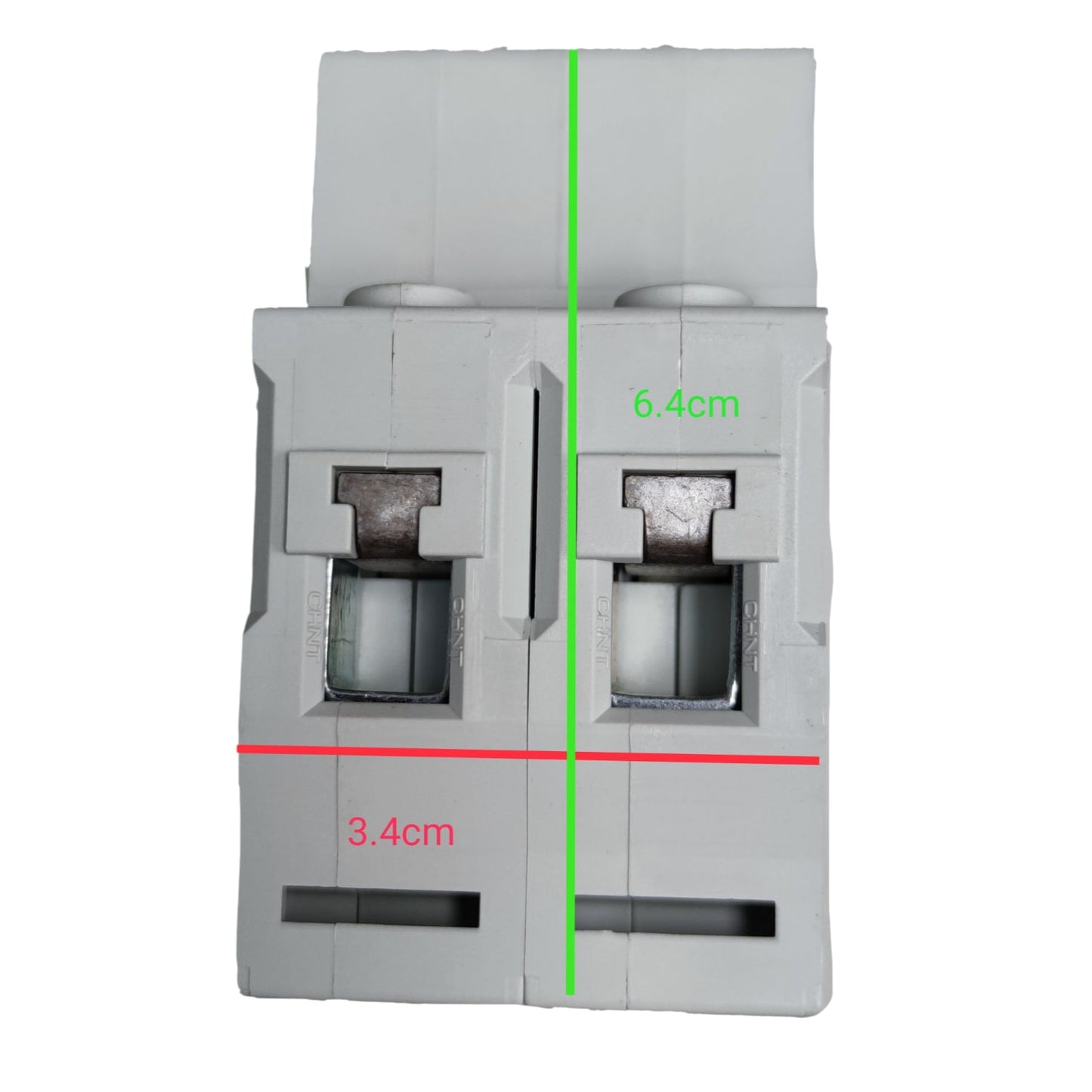 Electrical circuit breaker with measurements on a white background