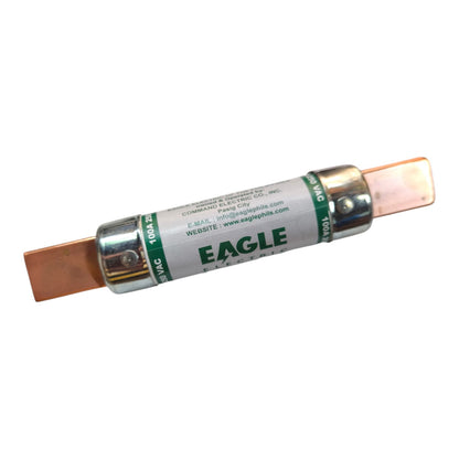 An Eagle brand electrical fuse with copper-colored metal terminals and a white label featuring green text, shown on a plain white background.