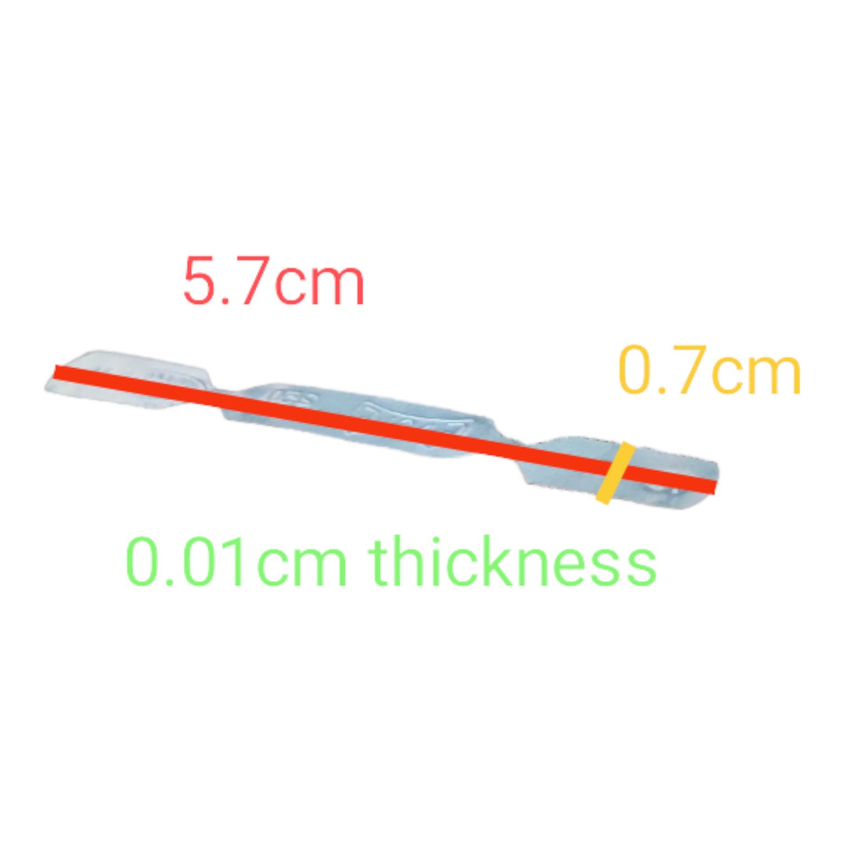 A transparent flexible strip shown on a white background with overlaid measurements: 5.7 cm length, 0.