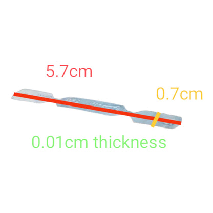 A transparent flexible strip shown on a white background with overlaid measurements: 5.7 cm length, 0.
