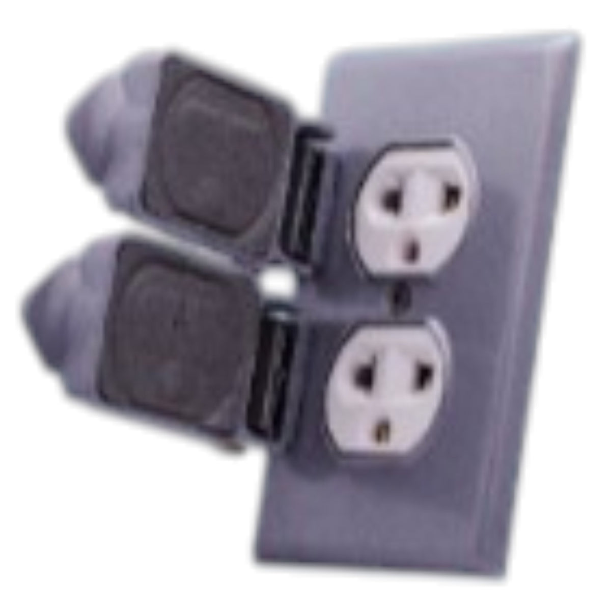 A gray plastic double outlet wall socket cover with two detachable plug guards shown partially pulled out, isolated on a white background.