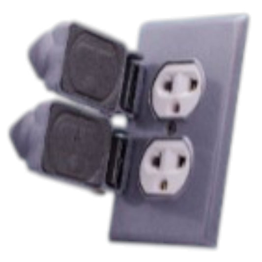 A gray plastic double outlet wall socket cover with two detachable plug guards shown partially pulled out, isolated on a white background.