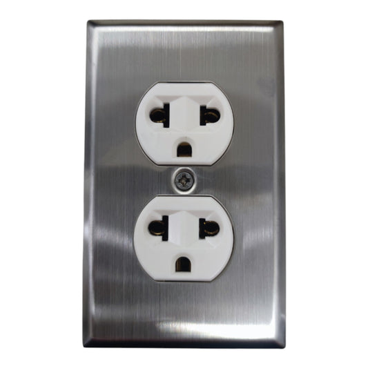 A brushed stainless steel double outlet electrical wall plate with white sockets, shown against a plain white background.