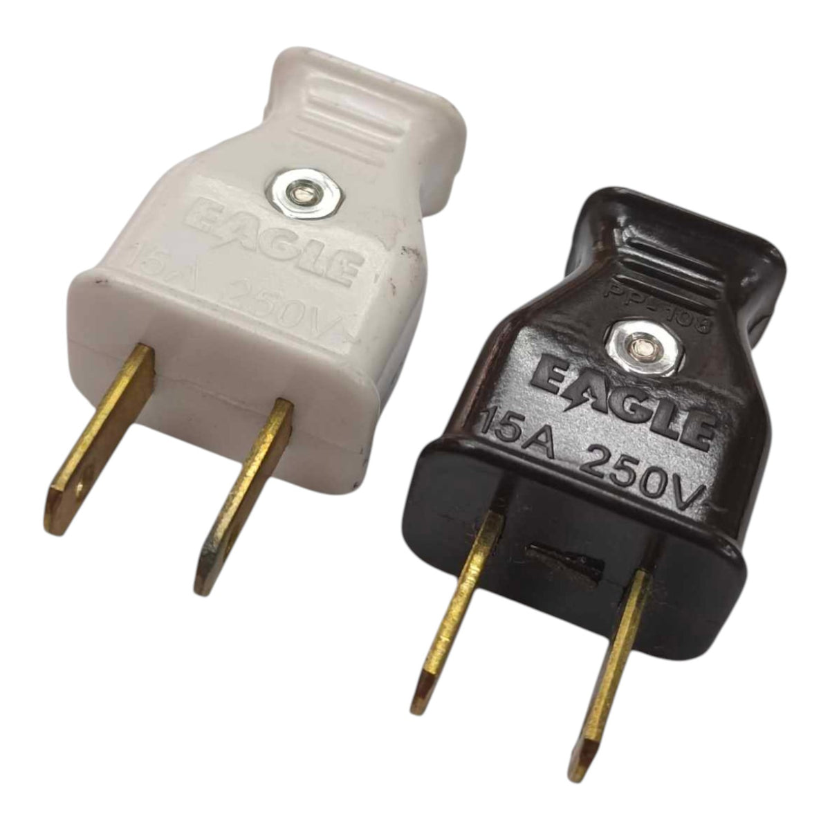 Two Eagle brand 16A 250V two-pin electrical plug adapters on a white background, one in off-white and one in black.