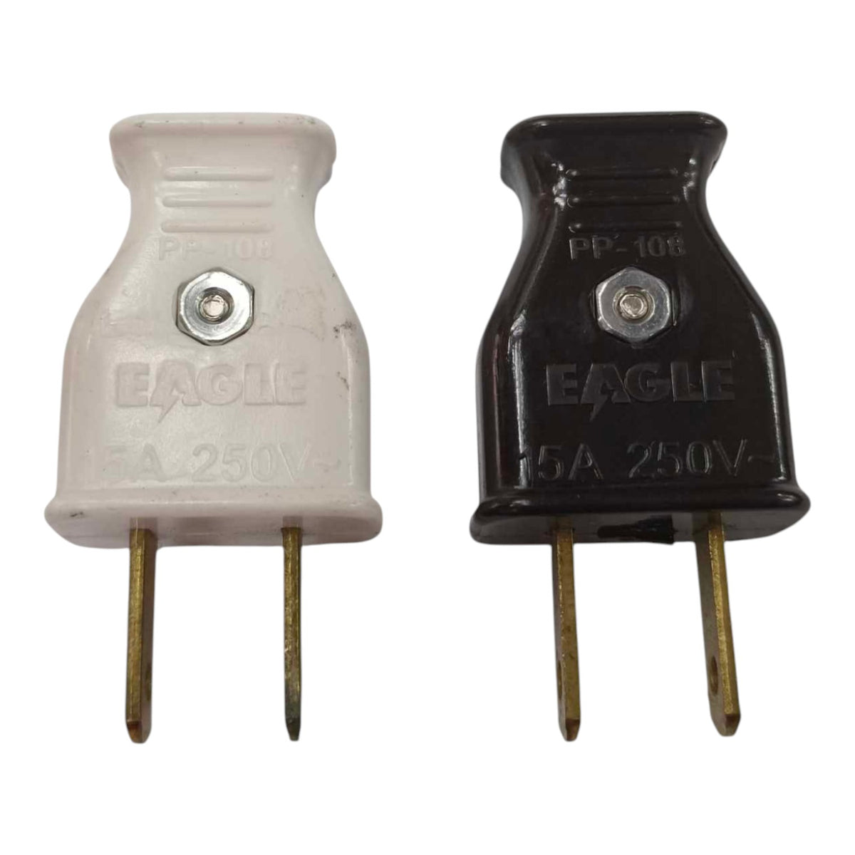 Two Eagle brand electrical plug adapters on a white background, one in off-white/cream and one in black, both with two metal pins.