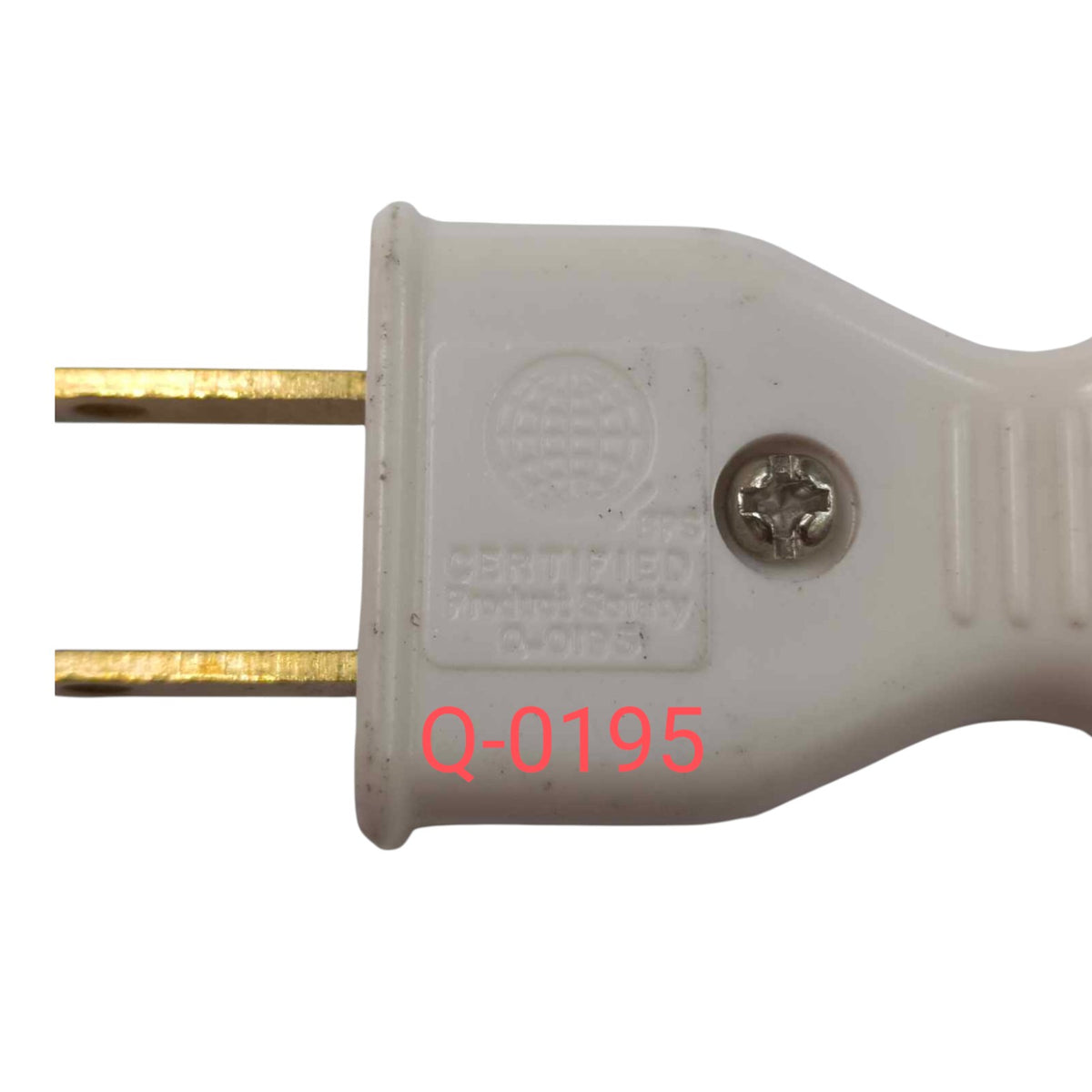 A close-up of a white plastic two-prong electrical plug with gold metal pins, featuring a screw and certification embossing, with a red text overlay reading 'Q-0195' on a white background.