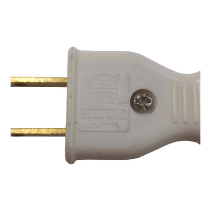 A close-up of a white plastic electrical plug with two gold metal pins, showing certification text and a screw detail on a plain white background.