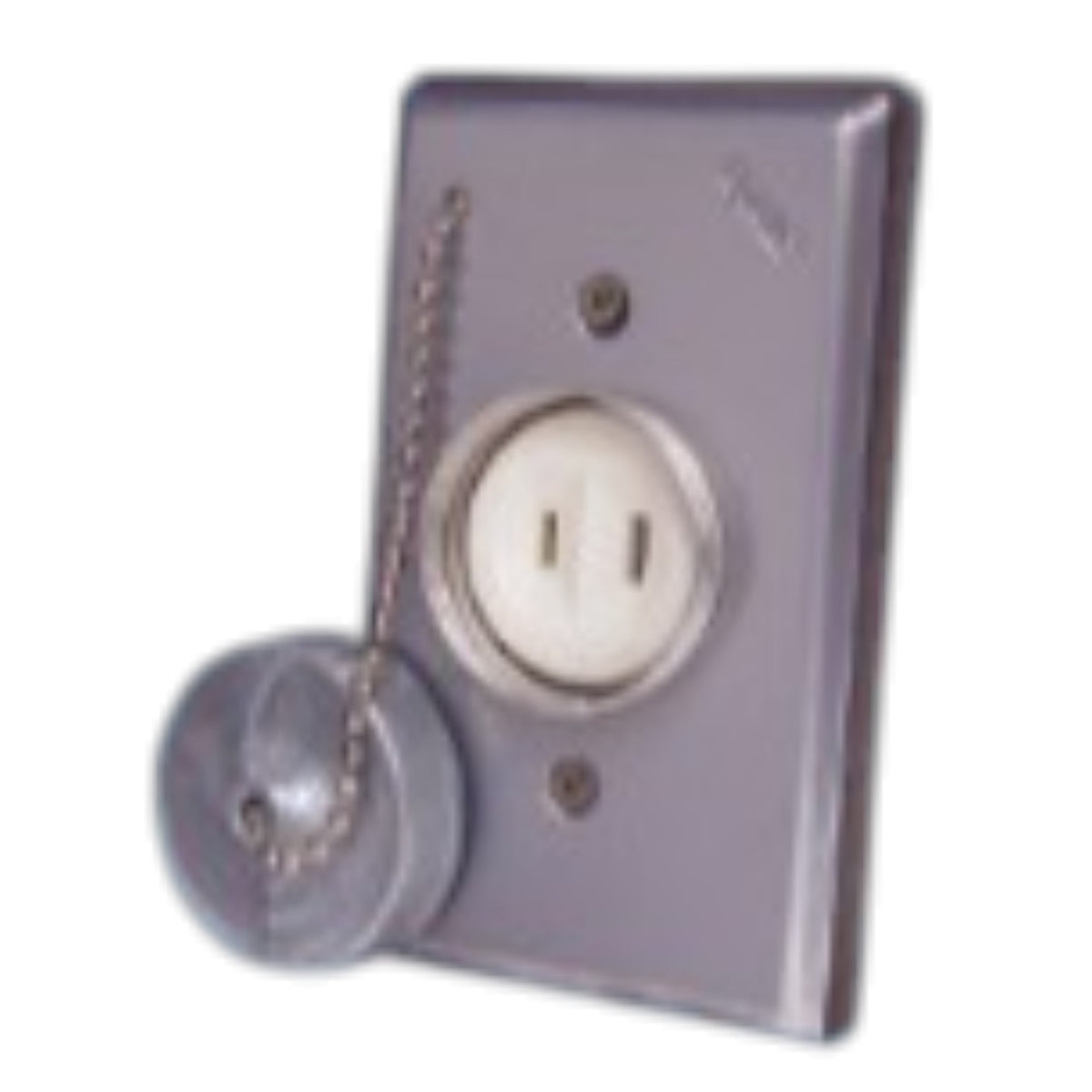 A gray metal electrical outlet cover plate with a pull chain and a matching gray protective cap, shown against a white background.