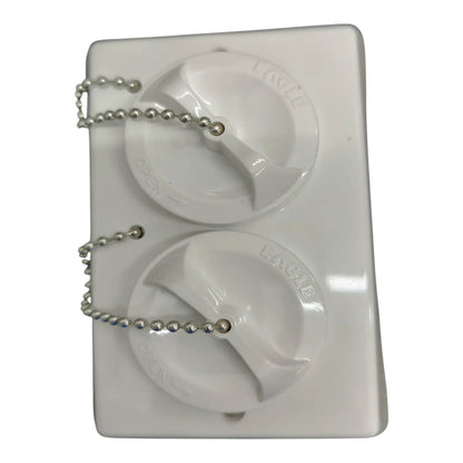 A white plastic dual-fuel oil canister with two pull chains attached to the top and bottom, shown on a plain white background.
