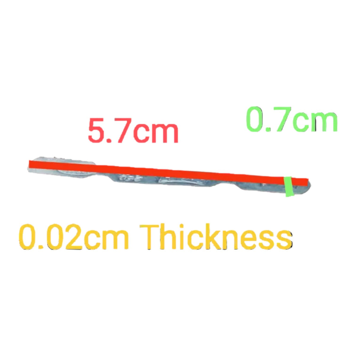 A thin transparent strip shown on a white background with overlaid measurements: 5.7 cm length, 0.