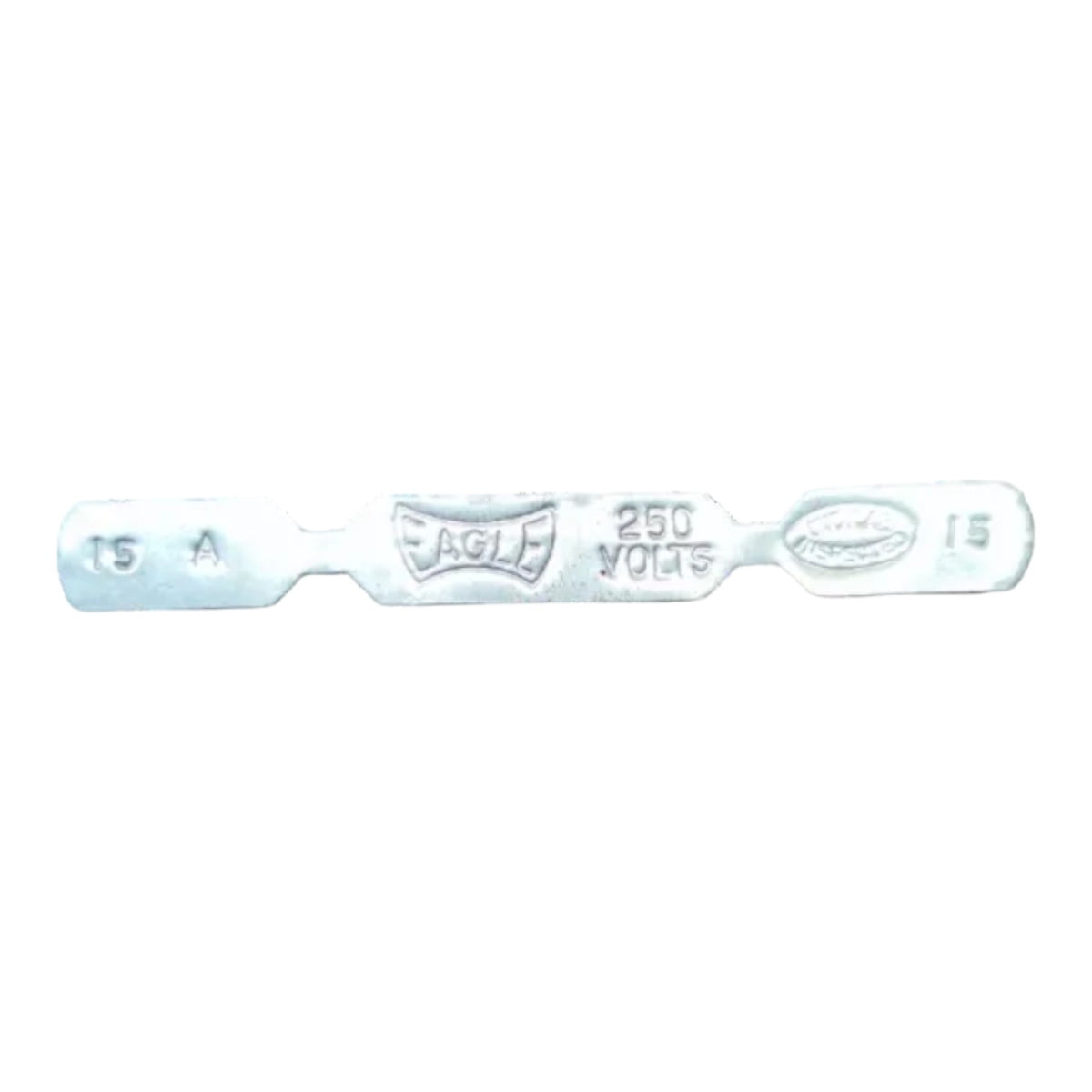 A silver-toned metal fuses test strip with stamped markings including 'EAGLE', '250 VOLTS', and '15 A' on a plain white background.