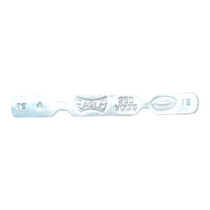 A silver-toned metal fuses test strip with stamped markings including 'EAGLE', '250 VOLTS', and '15 A' on a plain white background.
