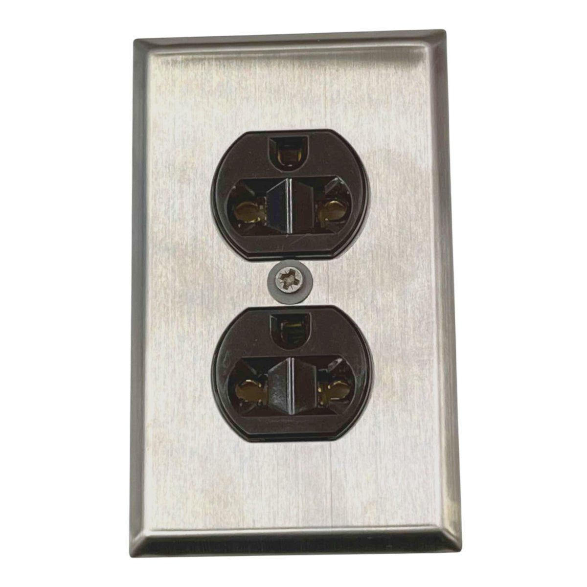 A brushed nickel double electrical outlet cover plate with two standard US outlets, shown against a plain white background.