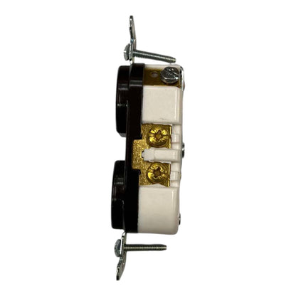A single electrical outlet component shown from the side against a plain white background, featuring white ceramic sockets, black plastic housing, gold-colored metal terminals, and silver metal mounting screws.
