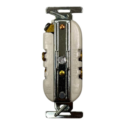 A close-up of a white electrical outlet cover plate showing the internal metal lugs and mounting hardware, isolated on a white background.