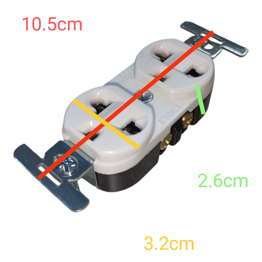 A double outlet electrical socket shown on a white background with overlaid dimension labels and colored measurement lines indicating 10.5 cm, 2.