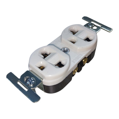 A double outlet electrical socket with a white plastic faceplate, black base, and silver metal mounting brackets on a white background.