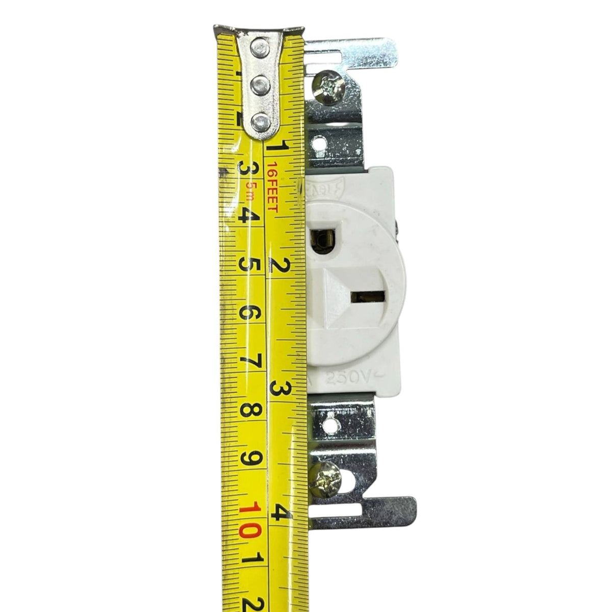 A white electrical outlet shown next to a yellow tape measure to indicate its physical dimensions, isolated on a white background.