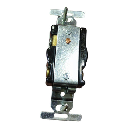A single metal electrical switch component with a silver-toned central plate, black side housing, and small brass/gold-toned screws, isolated on a plain white background.