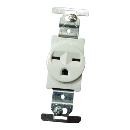 A white plastic duplex outlet with silver metal mounting brackets on a plain white background.