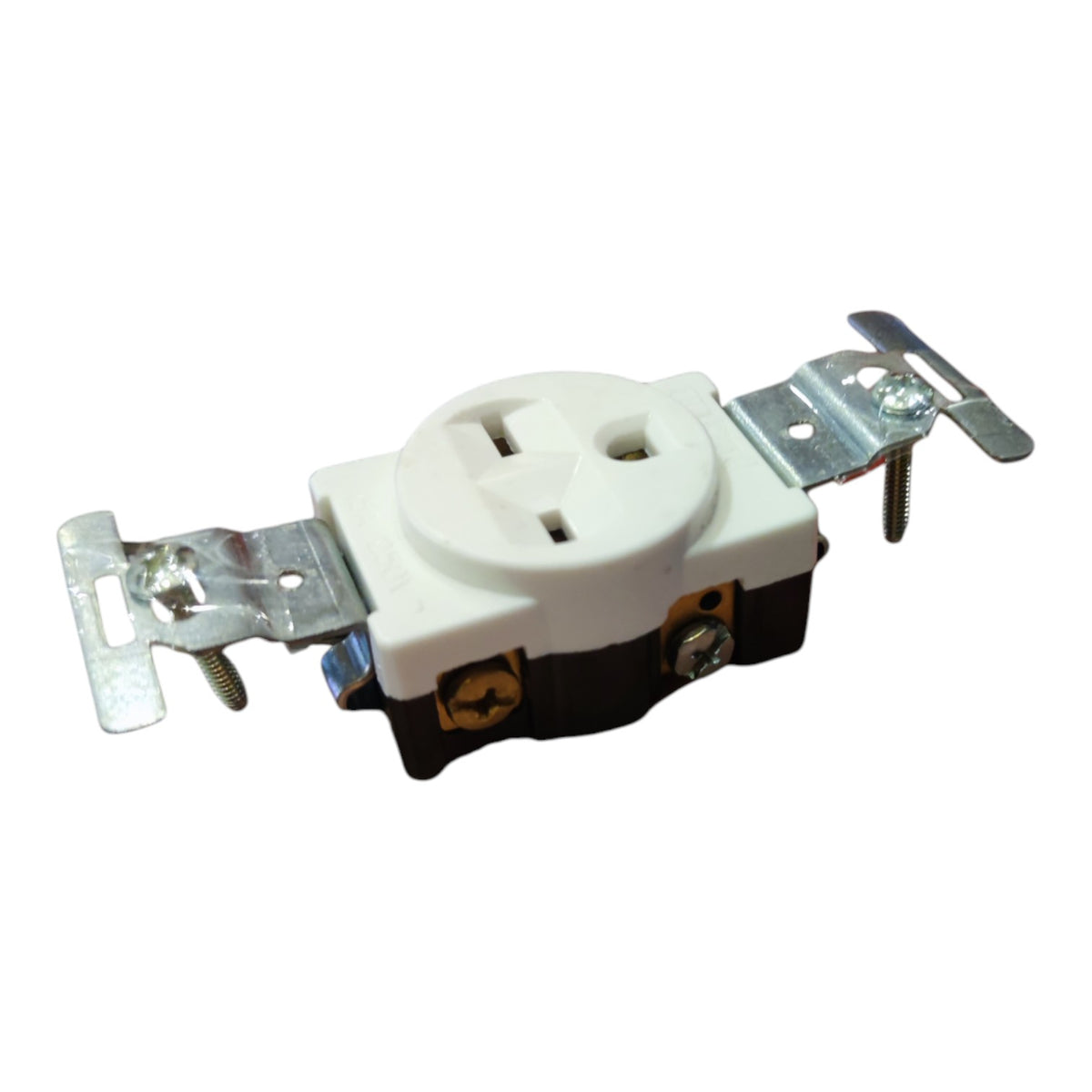 A single 3-prong electrical outlet socket with a white plastic face, black base, and silver metal mounting brackets on both sides, shown on a plain white background.