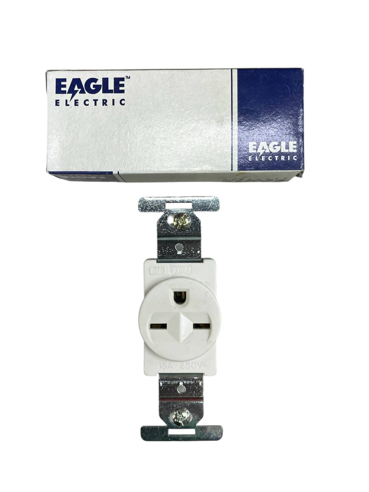An Eagle Electric 3-prong outlet connector shown below its original silver and blue retail box on a plain white background.