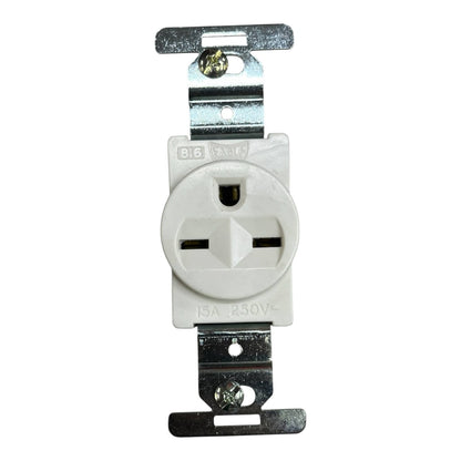 A white electrical outlet with metal mounting brackets on both sides, shown against a plain white background.