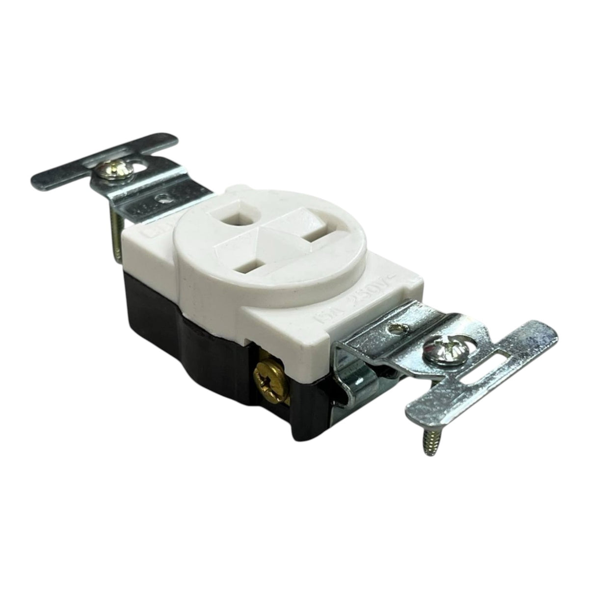 A single US-style wall outlet electrical connector with a white face, black base, and silver metal mounting brackets, shown on a plain white background.