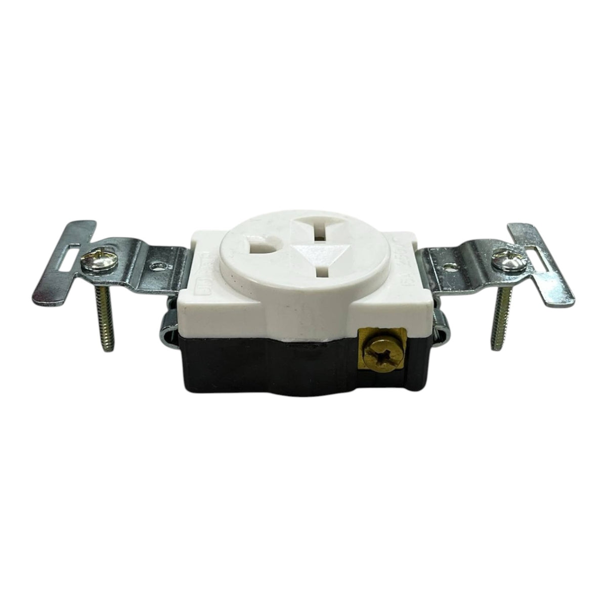 A 3-prong electrical outlet socket with a white faceplate, black base, and silver metal mounting brackets on both sides, shown against a plain white background.